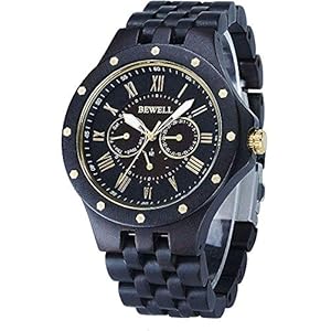 BEWELL Men Wood Watch Quartz, Lightweight Vintage Men Wrist Watches with All Wood Strap (Zebra Wood and Ebony)