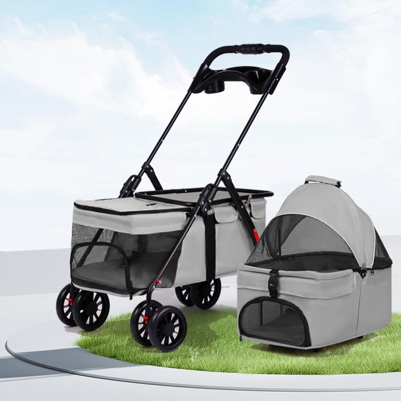 Foldable Pet Stroller with Removable Dog & Cat Carrier, 2 Universal Front Wheels, All-Terrain Rear Braked Wheels, Safety Seat (Light Grey)