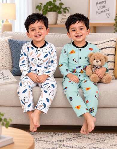 Image of 3BROS Kids Pure Cotton Night Suit Set | Boys Girls Printed Sleepwear Shirt & Pajama Clothing Combo | Soft Breathable Night Dress Outfit | Pack of 2