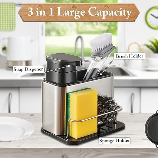 Image of 3 in 1 Kitchen Sink Caddy with Soap Dispenser & Sponge Holder | Stainless Steel Sink Organizer Rack for Dishwashing Liquid & Cleaning Tools | Silver Kitchen Countertop Organiser & Holder