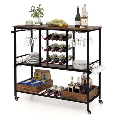 KOMFOTTEU Chariot de Cuisine à roulettes, Desserte de Service avec Porte-Bouteilles, Porte-Verre et Crochets, Chariot d'Appoint à 3 Étages pour Bar de...