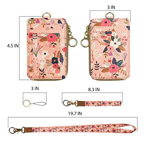 bolimoss Lanyard with Wallet,Zip ID Case with Lanyard,Lanyard Badge Holder,Lanyard Wallet for Women,Fashion Lanyard Wallet, ID Case Wallet with Lanyard（Pink Floral）2