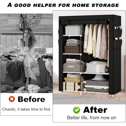 Image of OPPAIYA Canvas Wardrobe for Bedroom, Fabric wardrobes carries five storage boxes, one hanging rail and four side pockets, 105 x 45 x 165 cm, Pop up wardrobe, Great temporary wardrobes for bedroom