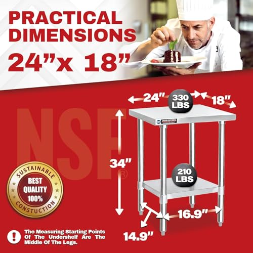 Image of DuraSteel 24x18 Stainless Steel Work Table - NSF Commercial Prep Metal Table - Outdoor Pizza Oven Stand w /Under Shelf - Kitchen Island Laundry Utility Garage Microwave Stand Large Rolling Storage Cart