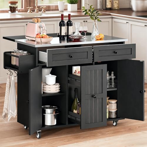 YITAHOME Kitchen Island with Stainless Steel Top, Mobile Storage Island with Drop Leaf, Rolling Kitchen Cart with Pull-Out Cabinet, 2 Drawers & Doors, Sideboard with Spice Racks for Dining Room, Black