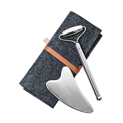 Face Roller and Gua Sha Set - Stainless steel Mini Eye Roller set, Face Massager for Wrinkles, Anti Aging Facial Roller - Authentic, Durable, Noiseless Design