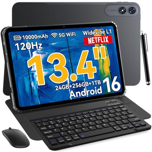 VekfulPC 13.4 inch Best Android 16 Tablets 2025 with Keyboard and Pen,13+ inch Large Screen 2-in-1 Tablet PC with Case, Stylus, Mouse | Gemini AI Gaming Tablet, 24GB+256GB, 120Hz, Octa-Core, 10000mAh