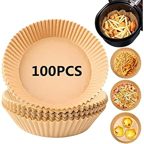 100pcs Air Fryer Disposable Paper Liner, 6.3inch Round Paper Liner Parchment Paper, Non-Stick Oil-Proof, Water-Proof, Natural Food Grade Parchment for Baking Roasting Microwave Frying Pan Cover