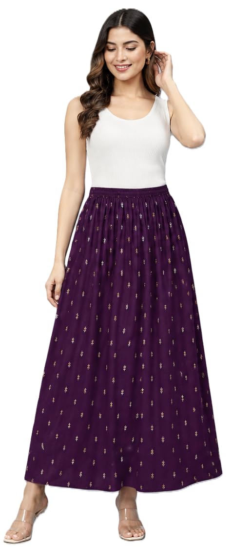 VRSS Enterprises Dark Purple Flared Skirt with White & Gold Motifs-picture-48