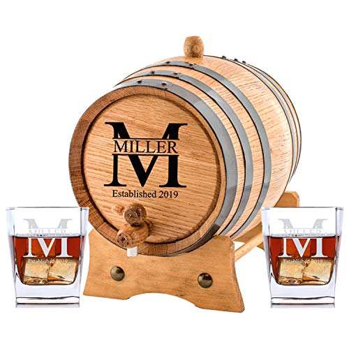 Personalized Oak Aging Barrel & Whiskey Glasses | Miller Design (1 Liter)