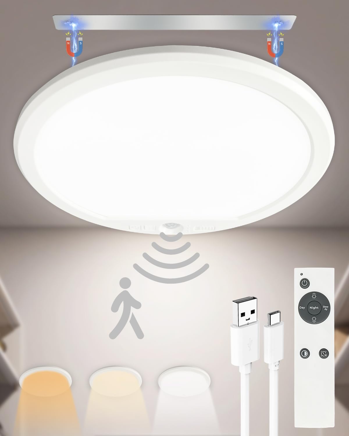 Rechargeable Motion Sensor Ceiling Light with Remote, 7500mAh Battery Operated Wireless Ceiling Lamp, 3 Color Dimmable LED Lights, Magnetic Mount for Bathroom, Closet, Garage, Hallway, Shed, Loft