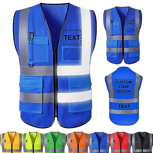 Custom Safety Vest Personalized Reflective Vest with Logo Pockets Customized High Visibility Vest, Men Women Construction Worker Outdoor Protective Workwear