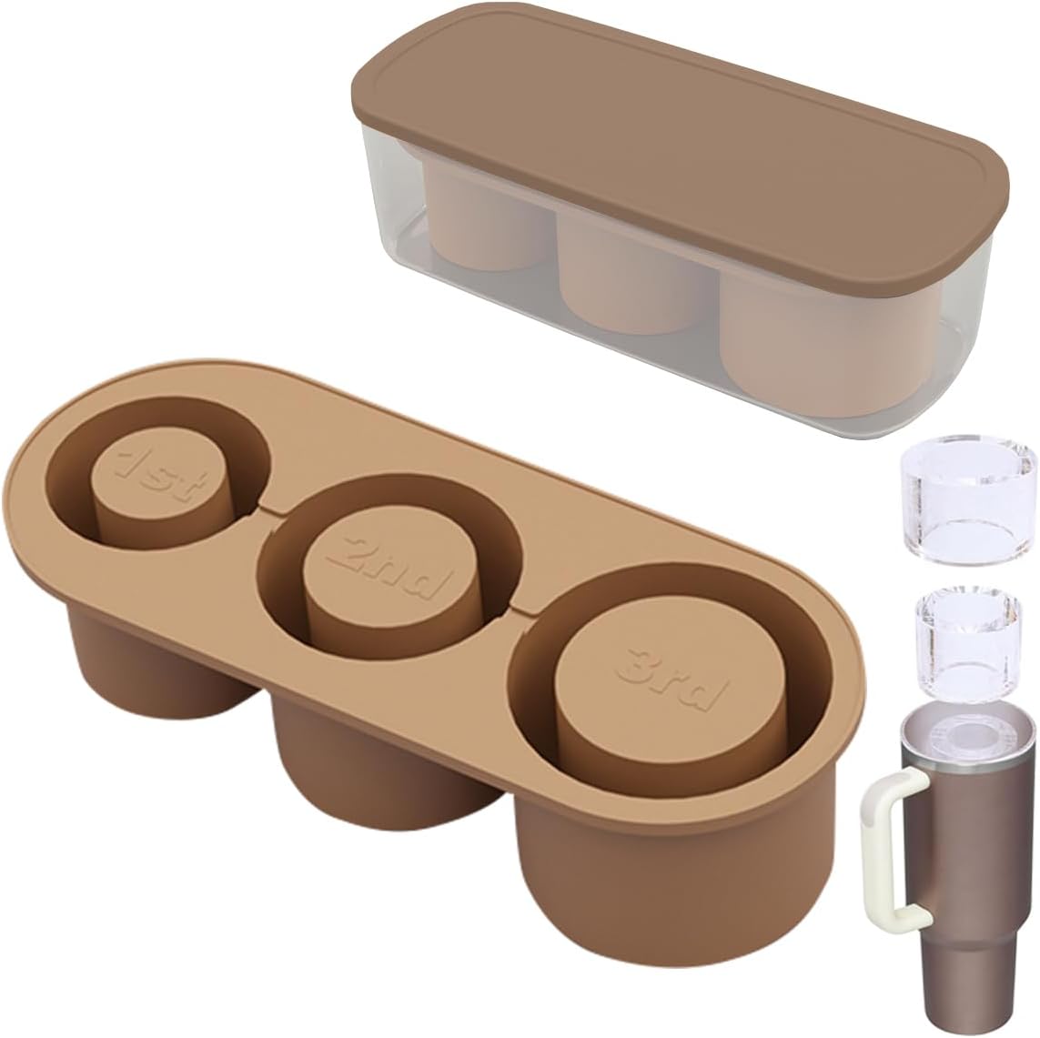 Yimly Ice Cube Tray for Stanley Cup, Silicone Ice Cube Moulds Compatible with Tumbler Cup for 20-40oz, Easy-Release Hollow Cylinders Ice Cube Moulds with Lid and Bin, Summer Gifts (Brown)