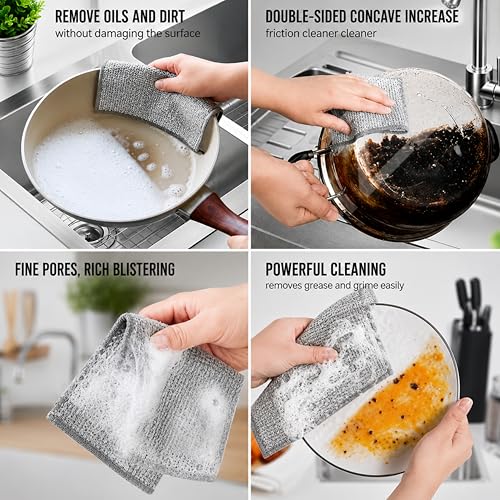 Image of 6 Pack Non-Scratch Wire Dish Cloth with 3 Scrub Cleaning Brushes & 3 Free Hooks | Reusable Wire Dishwashing Cloth for Wet & Dry Use | Kitchen Scrubber for Dishes, Utensils, Sink, Stove & Cookware