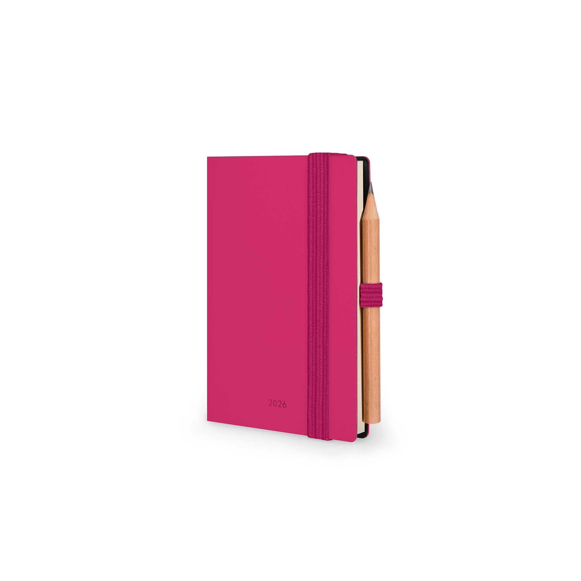 Legami Agenda biquotidien Mini 2026 Raspberry 12 mois carnet d'adresses crayon inclus fermeture élastique papier FSC 7 x 10 cm