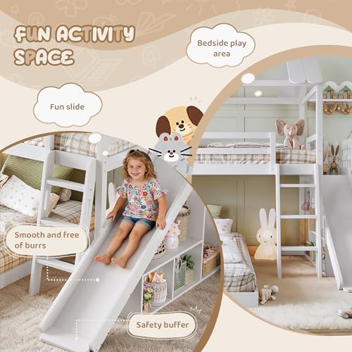 Image of Bellemave Twin Over Full House Bunk Bed with Slide and Storage Shelves for Kids,Solid Wood Floor Bunk Bed Frame with Wardrobe and Inclined Ladder for Girls Boys,White