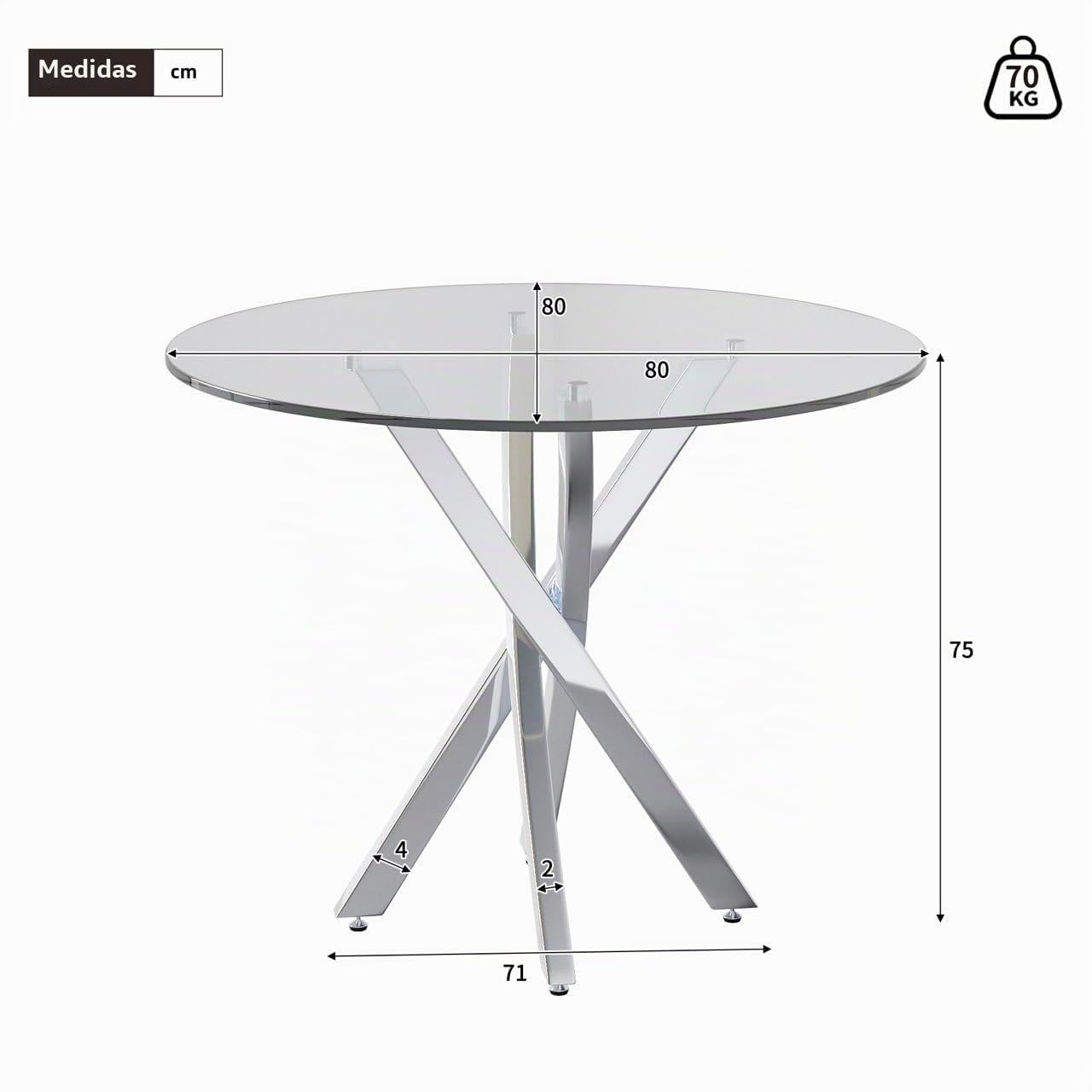 Mesa de comedor redonda de cristal de 80 cm, mesa transparente con patas de metal, mesa de comedor, cristal templado, mesa redonda para el hogar, comedor, sala de estar (redonda plateada)