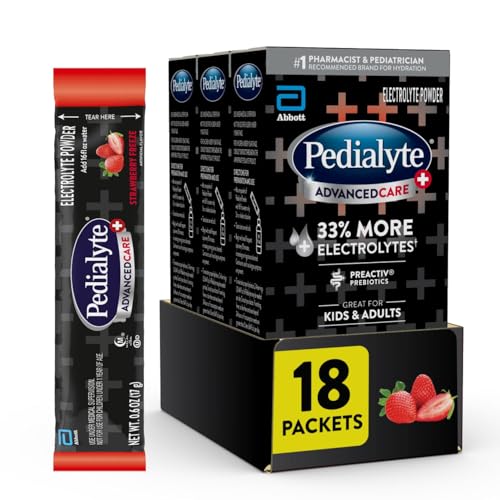Pedialyte AdvancedCare Plus Electrolyte Powder, Has 33% More Electrolytes and PreActiv Prebiotics, Strawberry Freeze, 6 Powder Packets (Pack of 3)
