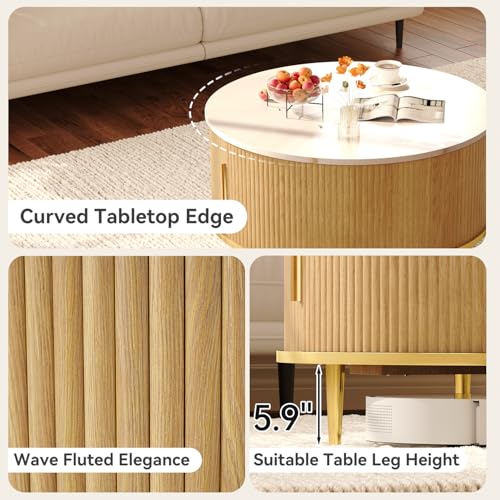 Image of Mid Century Fluted Round Coffee Table for Living Room, Oak | 31.5 inch Modern Coffee Table with Storage, Small Center Table with Flip-Top