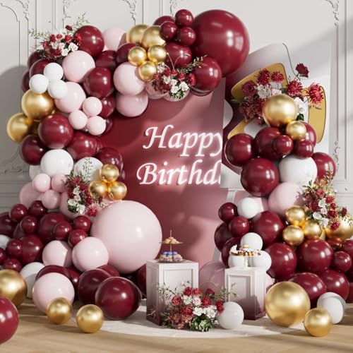 Image of Burgundy Balloons Arch Kit 155Pcs Pink White Gold 18 10 5 Inch | Maroon Light Pink Metallic Balloon Different Sizes Latex Garland for Birthday Anniversary Graduation Party Decorations