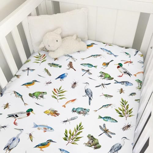 Image of Wildlife Pond Baby Crib Sheets 52''x28'' Wild Animals Frogs Duck Fish Bird Weeds Snug Fitted Crib Mattress Cover for Boy Girl Fishing Hunting Soft Nursery Bed Sheet for Standard Crib Toddler Mattress