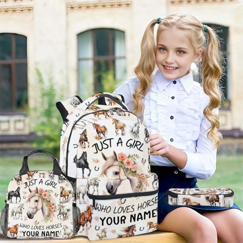 Personalized Student Backpack Sets for Kids - Set of 3 Horse Schoolbag Matching Combo for Girls - Elementary Bookbag and Pencil Case Bundle3