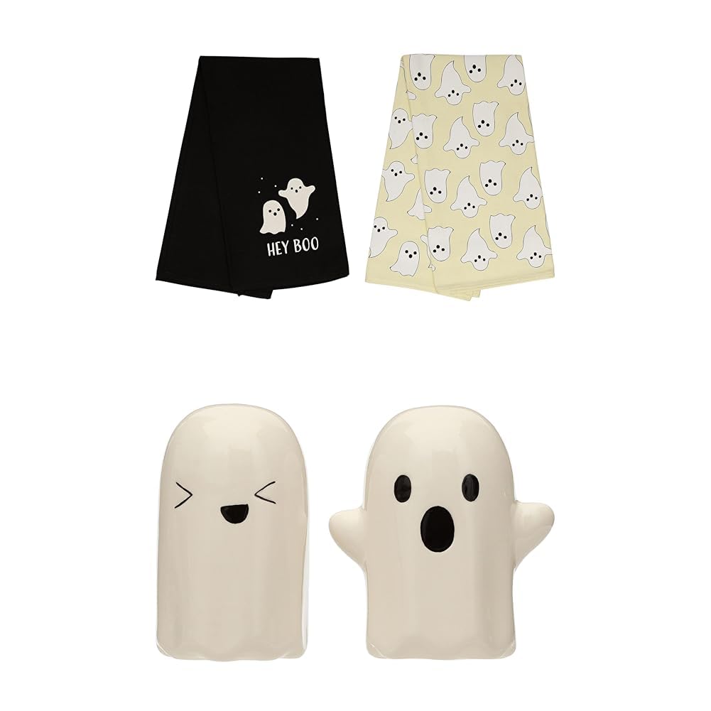 Bundle of Pearhead Hey Boo Ghost Dish Towels for Kitchen, 2 pack + Ceramic Ghosts Salt &amp; Pepper Shakers