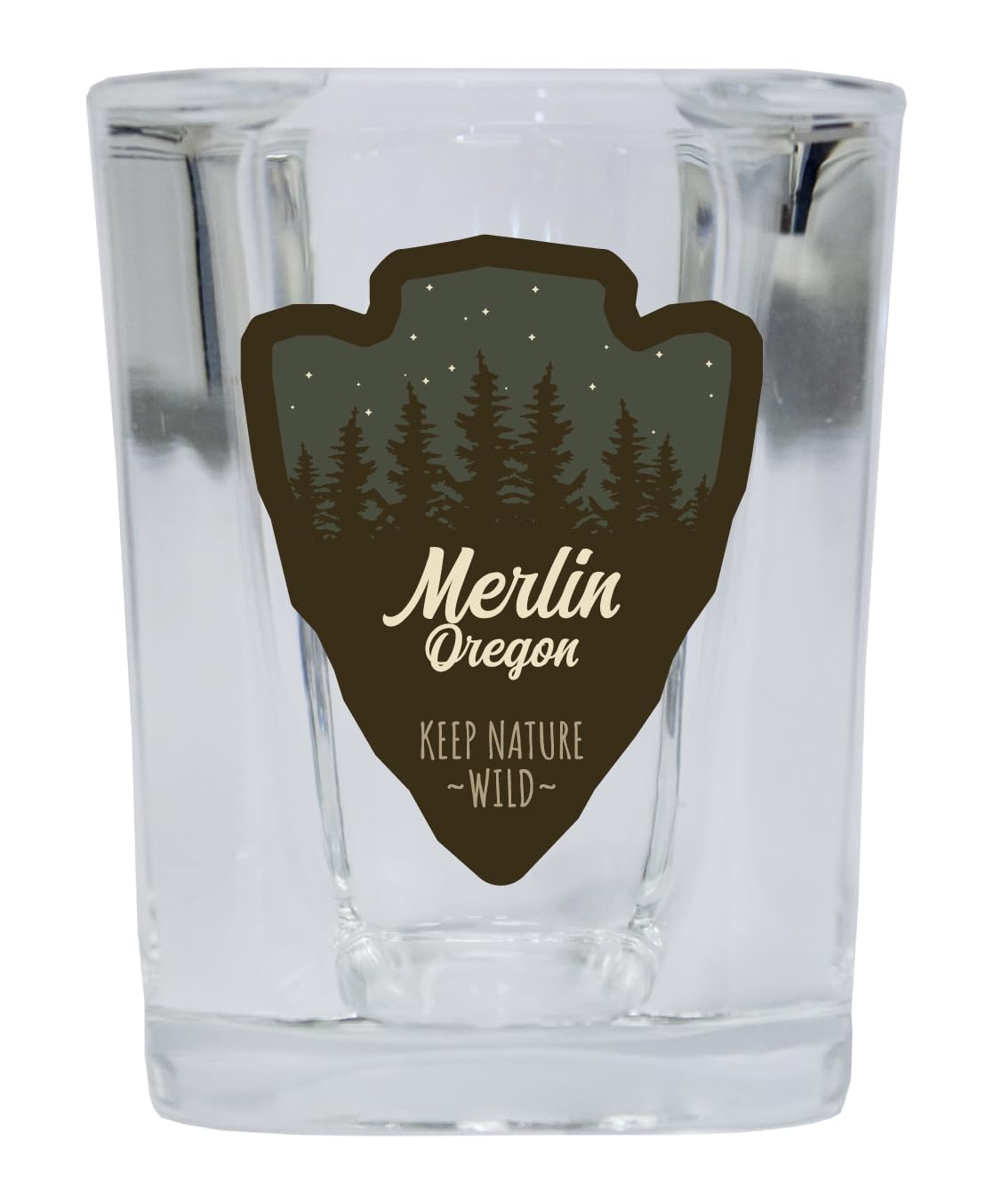 R and R Imports Merlin Oregon Camping Souvenir 2 Oz Shot Glass Square Base Arrowhead Design Single