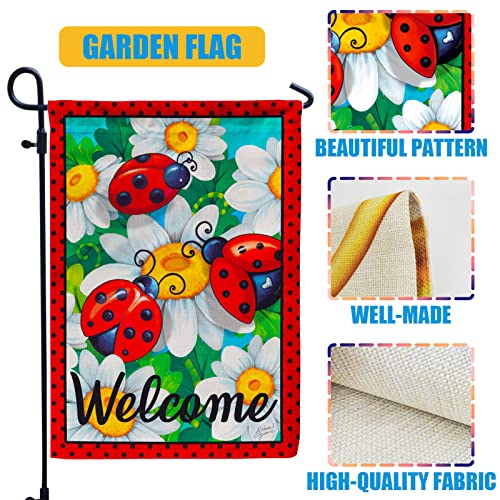 Pambo Welcome Summer Garden Flag, Ladybug Flower 12X18 Inch Decorated Garden Flag - Perfect For Your Outdoor Hanging Decorations #TOP4