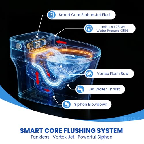 Inodoro inteligente con bidé integrado, inodoro eléctrico moderno, sin tanque, asiento calefactable, lavado con agua tibia, sensor de pie, secador de aire, pantalla LED (Blanco) miniatura 6