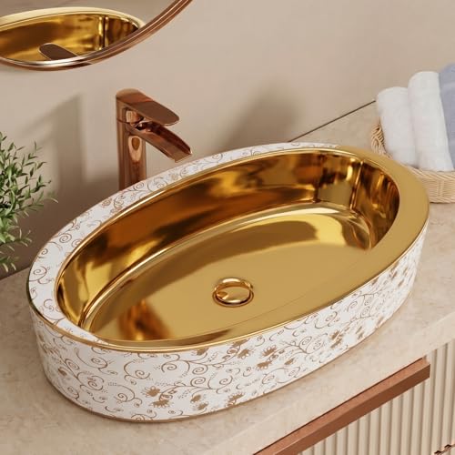 Image of BASSINO 24x14x6 Inches Table Top Washbasin /1 Year Warranty /Ceramic Wash Basin for Bathroom /Oval Counter Top Wash Basin for Restaurant /Dining Hall /Living Room /Designer Vessel Sink(Glossy White & Gold)
