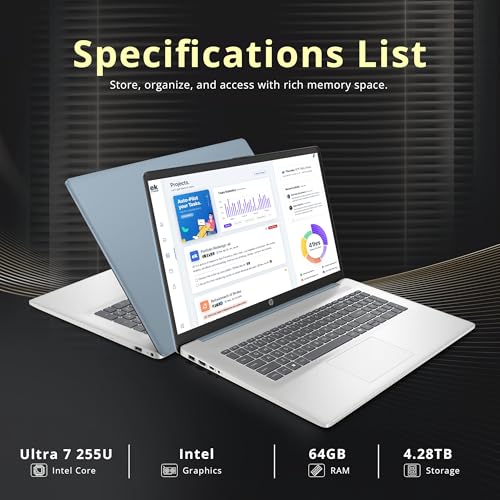 Image of HP 17.3 inch HD+ Touchscreen Laptop, Intel Ultra 7 255U, 64GB DDR5, 4.28TB Storage (4TB SSD+288GB Docking Station Set), Intel Graphics, Backlit Keyboard, Webcam, Wi-Fi 6, Win 11 Pro, Moonlight Blue