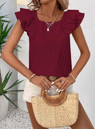 Image of Falechay Womens Bow Tie Back Tops Round Neck Ruffle Short Sleeve Shirts Cute Babydoll Chiffon Tee Women Summer Trendy Tunic
