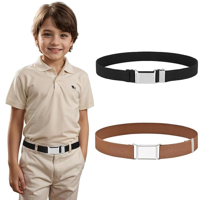SARNESHWERAM 2PCS Kids Adjustable Elastic Belt Set for Boys and Girls Stretch Waist Belt with Silver Buckle for School Uniform Jeans Pants Brown & Black Set