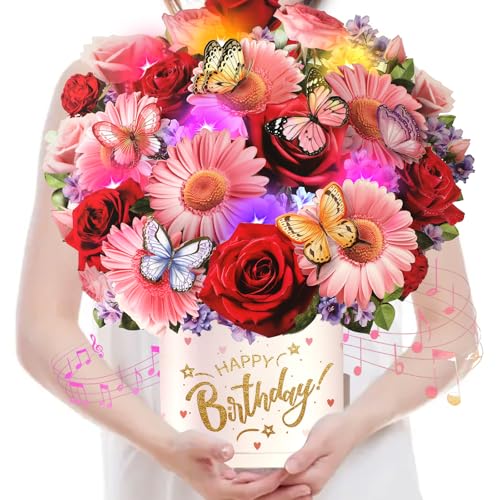 Musical Birthday Cards 3D Pop-up Daisy & Rose Paper Floral Bouquet Birthday Card with Lights Happy Birthday Card Gift for Women Girls Wife Mum Grandma Sister Girlfriend