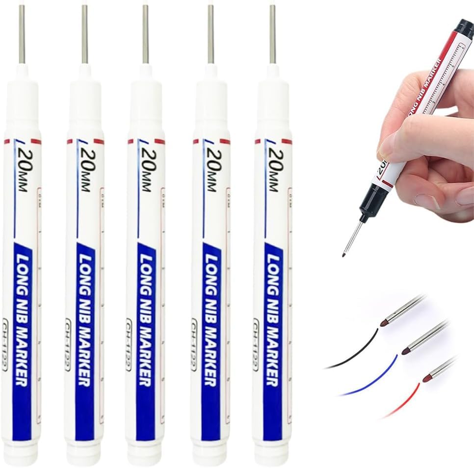 Opemg 5Pcs Long Head Deep Hole Marker Pens,Permanent Markers, For Woodworking (White)