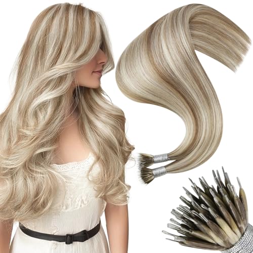 Image of Moresoo Nano Hair Extensions Human Hair, Beige Platinum Blonde, 20 Inch | 50g 50 strands, no-glue ring installation, human hair can be curled or straightened for casual and date-night looks