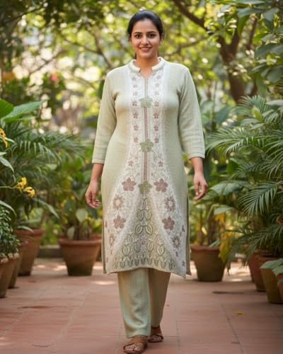 Image of KTI Full Sleeve Knee Length Floral Design Woolen Fabric 3 PC Kurti Set for Women Art NO-94164