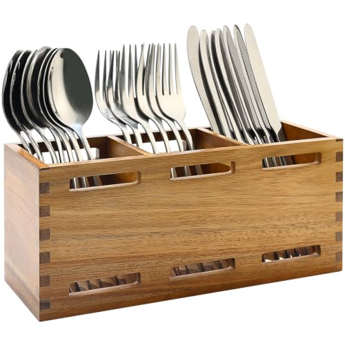 Silverware Caddy Organizer Counter Acacia Wood Cutlery Utensil Holder Party