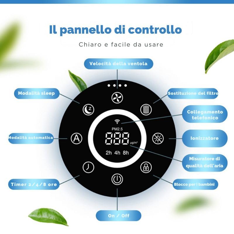 Purificatore d'aria camera da letto - 30m2 - Filtro HEPA - Ionizzatore - Filtro aria - Purificatore d'aria - Pulitore d'aria - PureFlow30 - CADR 180m3/h