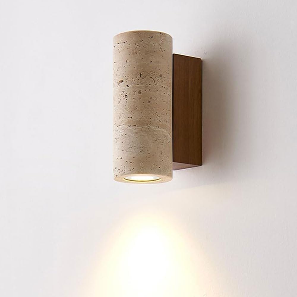 SSBHDM Industrial Stylewall Light, 6.3 Inch Natural Yellow Travertine Wall Sconce, Minimalist Cylindrical Natural Stone Wall Lamp, Living Room Bedroom Balcony Wall Mounted Light Fixtures