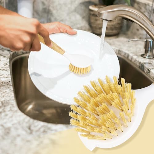 Image of 2 Pack Kitchen Scrub Brushes for Cleaning Dish Brush with Handle for Pans, Pots, Kitchen Sink Cleaning Scrub Brushes (Wooden Handle)