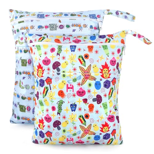 Image of 2 Pcs Wet Bag Reusable, Waterproof Wet Dry Bags for Baby Cloth Diapers, Washable Daycare Soiled Baby Items, Travel Tote Organizer Yoga Bag for Dirty Gym Clothes, Wet Swimsuits, Beach Swimming Pool