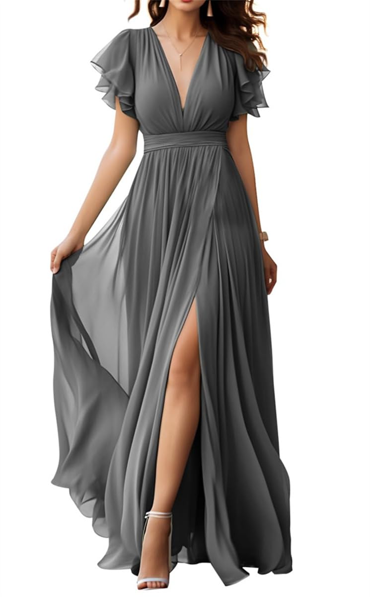 WSEYU V Neck Chiffon Bridesmaid Dress with Slit Flutter Sleeve Chiffon Pleated Formal Prom Dresses for Women Grey UK12