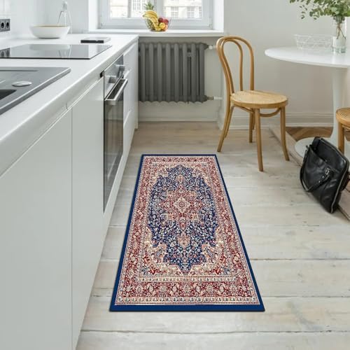 Alfombra larga para dormitorio y pasillos con diseño azul clásico 5