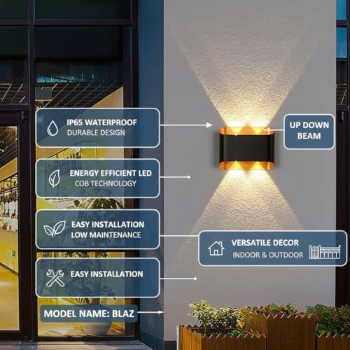 Image of Waterproof Up Down Led Wall Lamp, Aluminium IP65 Body 2+2 Ray, Warm White, Indoor /Outdoor Decorative Wall Sconce Light(BLAZ)