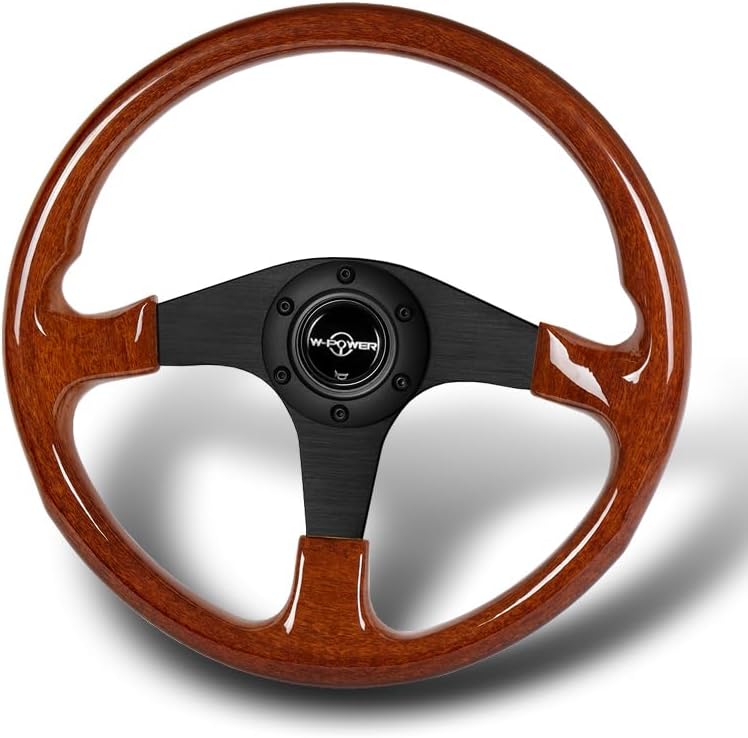 W-Power 8942 Series, Universal 14" (350mm) 3-Spoke Aluminum w/Wood Grain 6-hole Steering Wheel & Horn Button, Interior Accessories, Car Steering Wheel (White Wood Grain, Black Spoke)
