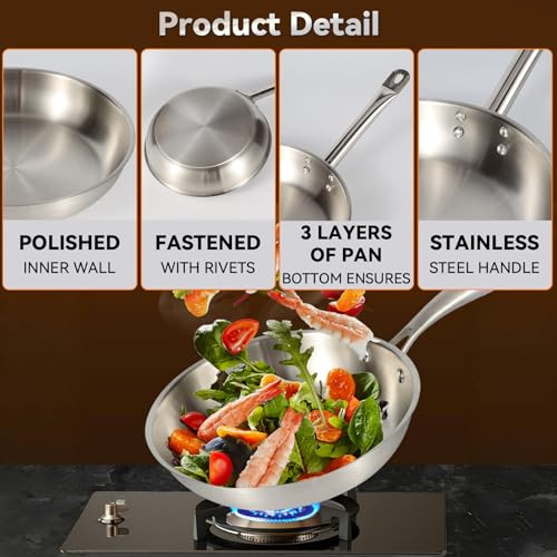 plplaaoo Stainless Steel Frying Pan, Oven Safe Induction Skillet, Stainless Steel Pan with Ergonomic Handle, Thickened Uncoated 3 Layers 304 Stainless Steels Skillet for Versatile Cooking(30cm) - Image 5