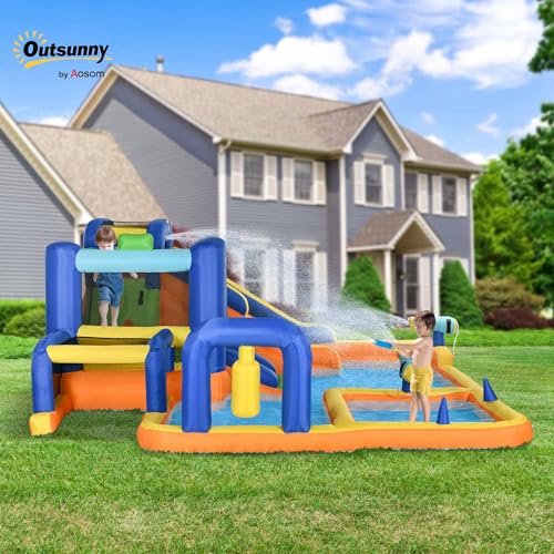 Miniatura 2 de Outsunny Castillo Hinchable Infantil 7 En 1 Castillo Hinchable Para Niños Parque Acuático Con Tobogán Piscina Muro De Escalada Inflador Y Bolsa De Transporte 430x420x200 Cm Multicolor