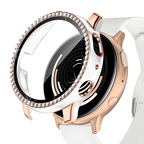 GEAK Compatible with Samsung Galaxy Active 2 Watch Case 40mm, Active 2 Watch Screen Protector Overall Guard Diamonds with Gold Edge Design for Samsung Active 2 Watch Women Girl 40mm White/Rose Gold